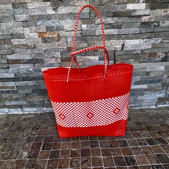 Handbags - Orange and White Woven Tote Bag